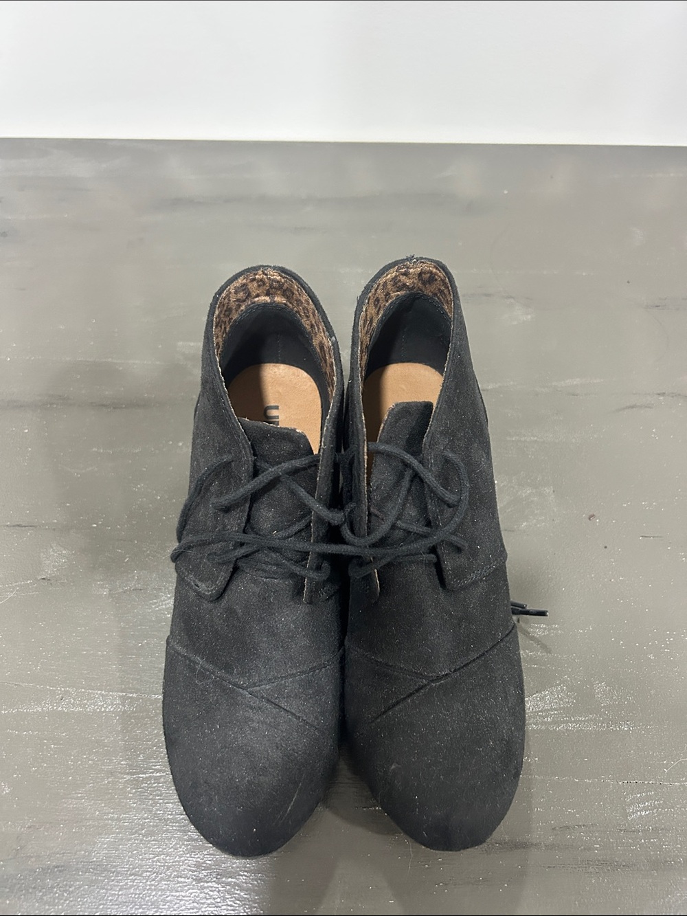 Women's Black Suede Lace-Up Ankle Boots with Leopard Trim